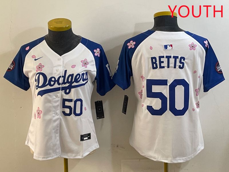 Youth Los Angeles Dodgers #50 Betts White Blue Sakura Edition 2025 Nike MLB Jersey style 8->youth mlb jersey->Youth Jersey